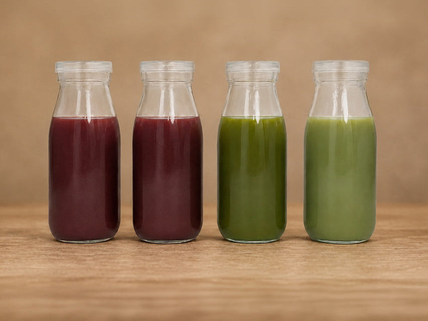 Berry and green juices made with Rubisco Protein Concentrate