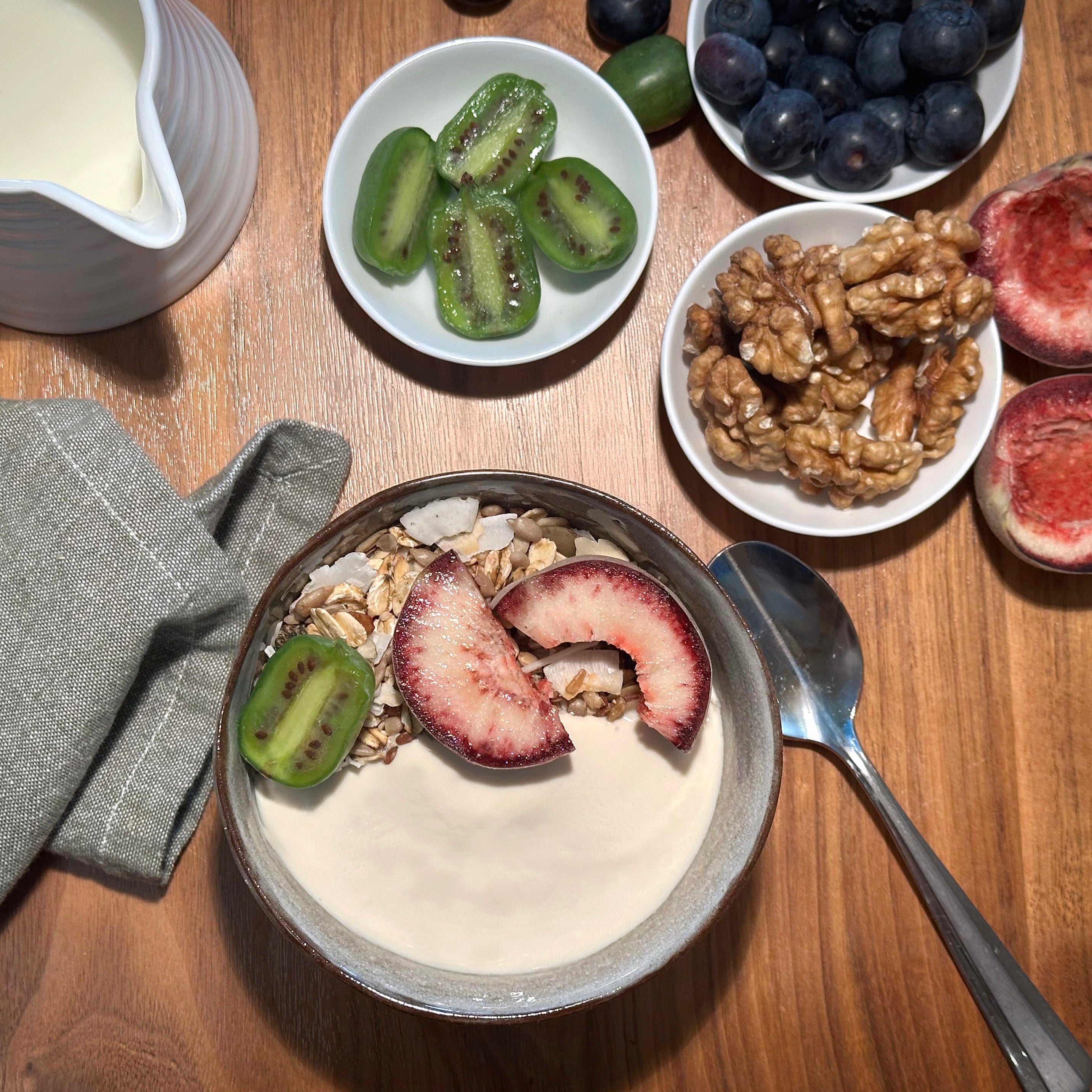 Breakfast bowl of Leaft rubsico yogurt with fruit